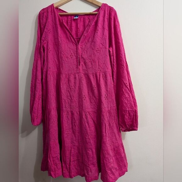 Cotton Eyelet Embroidered Tiered Mini Swing Dress Pink, size M Tall - Picture 3 of 10